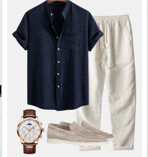 Men's Stand Collar 3D Digital Printing Fashion Slim-fit Short-sleeved Shirt