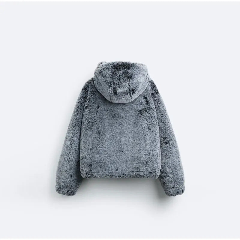 Women's Spring Clothing Imitation Fur Personality Street Fashion Solid Color Long Sleeve Zipper Hooded Short Jacket
