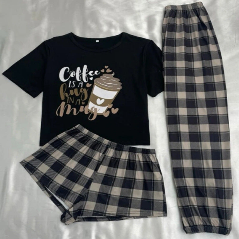 Three-piece Pajamas Women's Cartoon Plaid Shorts Trousers Home Wear