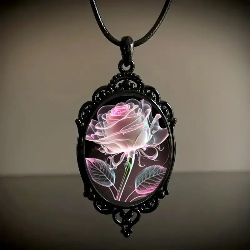 Charming Transparent Petal Rose Pattern Glass Pendant Necklace