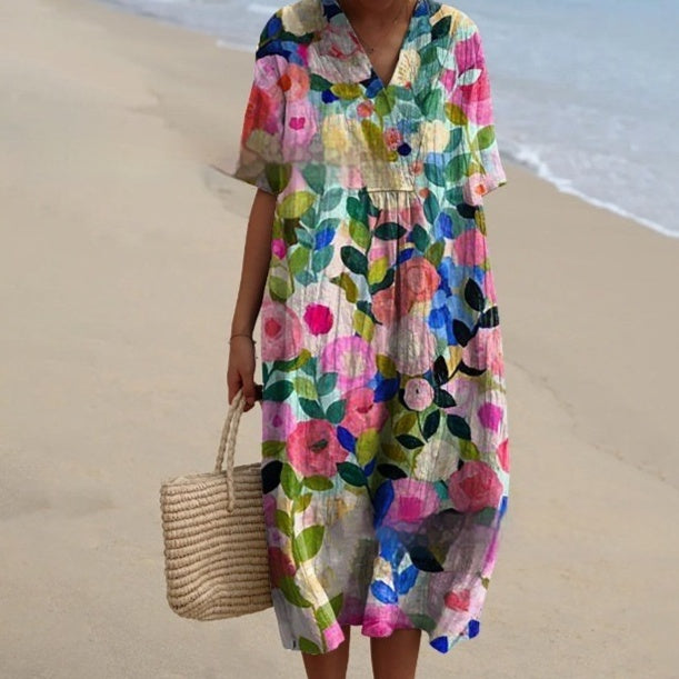 V-neck Digital Printing Pleated Large Version Dress