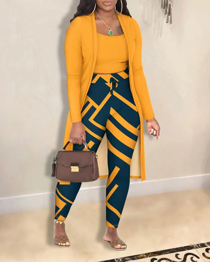 Women's Fashion Printed Coat Trousers Three-piece Suit