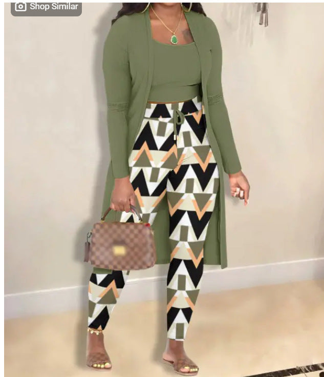Women's Fashion Printed Coat Trousers Three-piece Suit