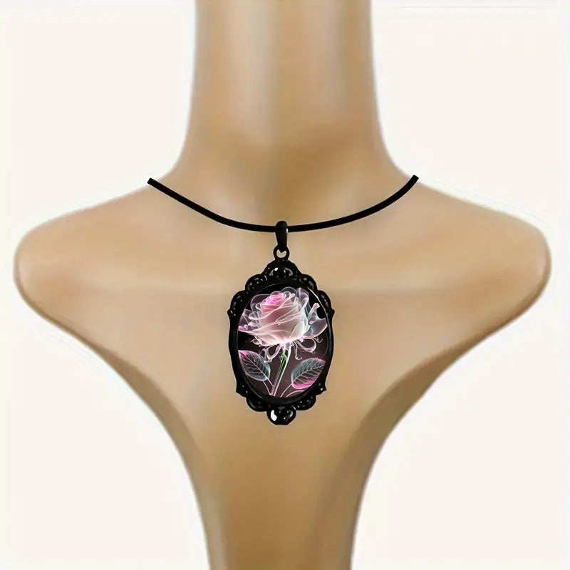 Charming Transparent Petal Rose Pattern Glass Pendant Necklace