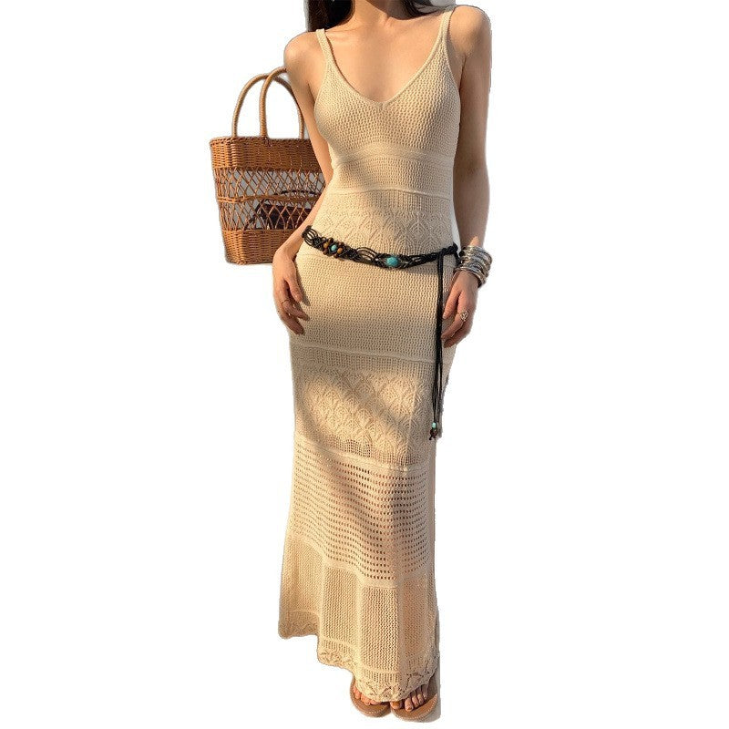 French Hollow Woven V-neck Knitted Sling Dress