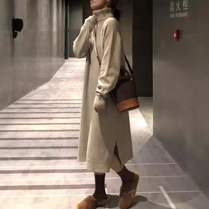 Long Below The Knee Base Ride Turtleneck Knitting Dress Women