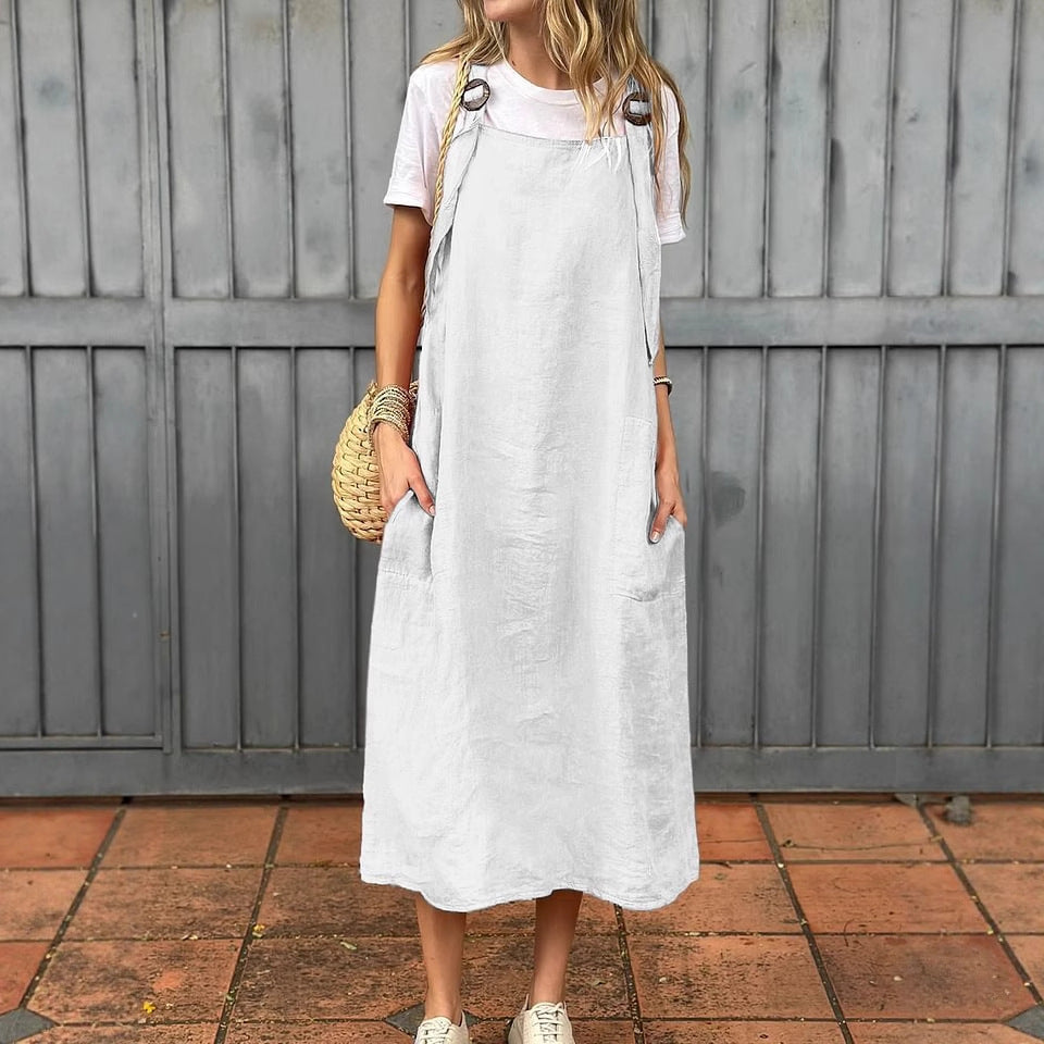 Summer Women's Adjustable Shoulder Strap Casual Cotton And Linen Dress