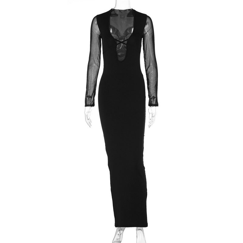 Women's Clothing Autumn And Winter New Hollow Mesh Long Sleeve Deep V-neck Lace-up Dress