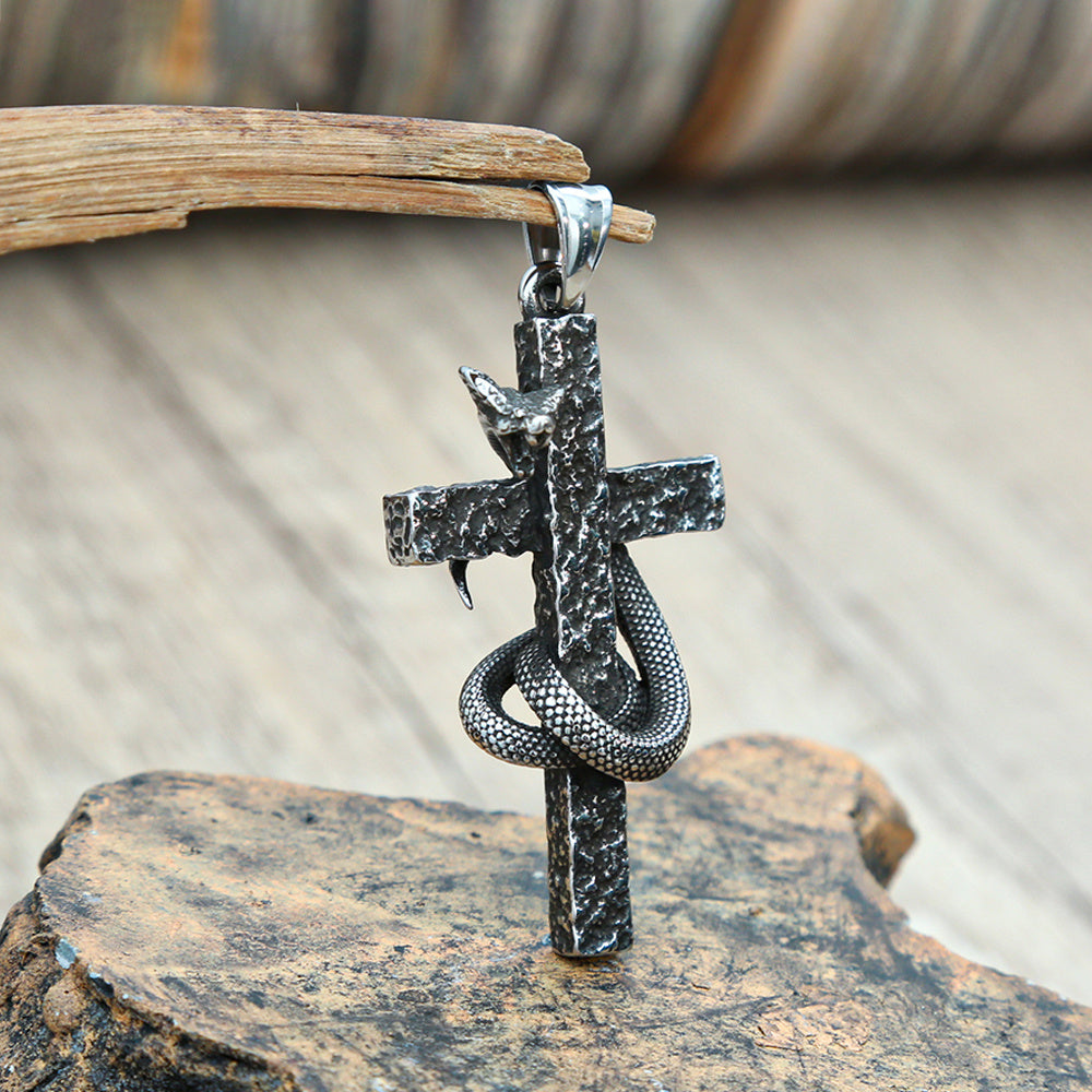 Mens Fashion Vintage Solid Three-dimensional Cobra Cross Pendant Necklace