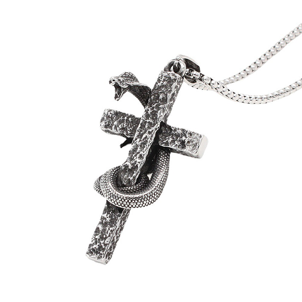 Mens Fashion Vintage Solid Three-dimensional Cobra Cross Pendant Necklace