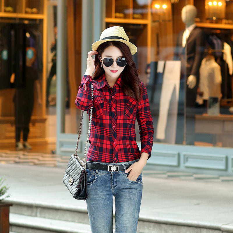 Korean Style Plaid Women's Autumn Clothing Slim Women Loose Cotton Long Sleeve Shirt