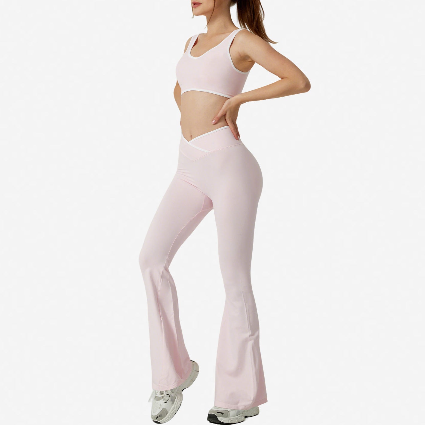 Contrast Color Round Neck Shoulder Strap Yoga Bra Bell-bottom Pants Suit
