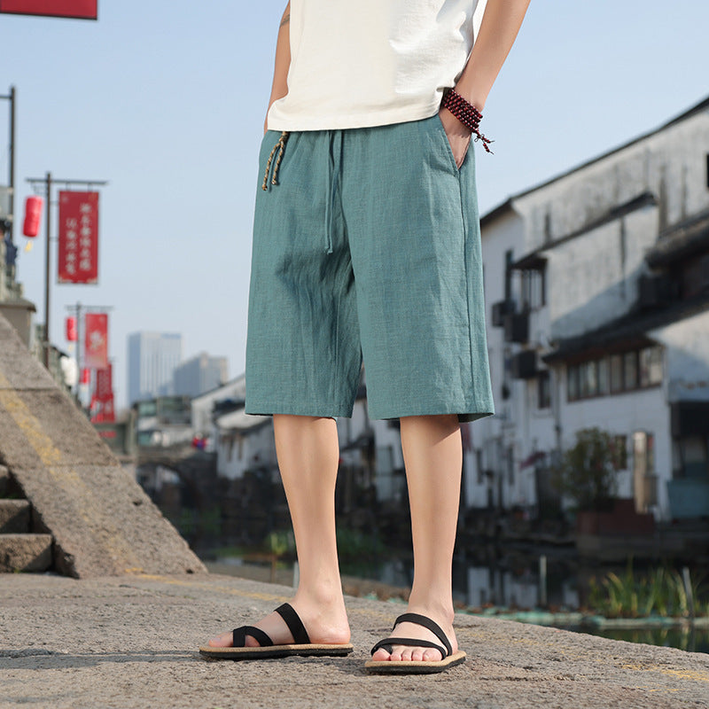 Fashion Solid Color Casual Summer Cotton Linen Straight Men's Shorts
