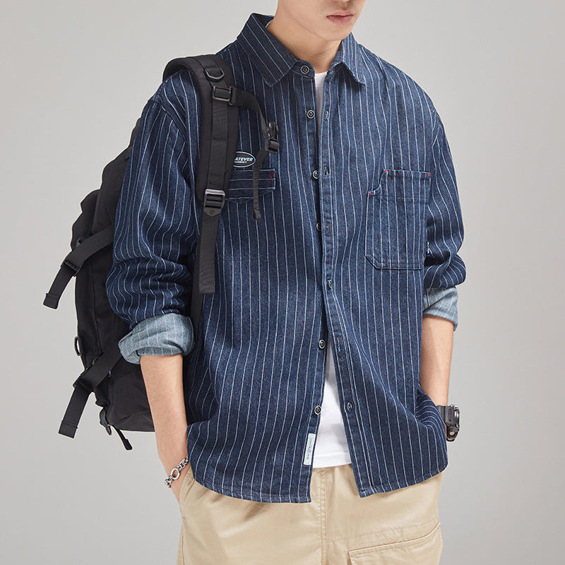 Men's Striped Denim Shirt Long Sleeve Japanese-style Retro