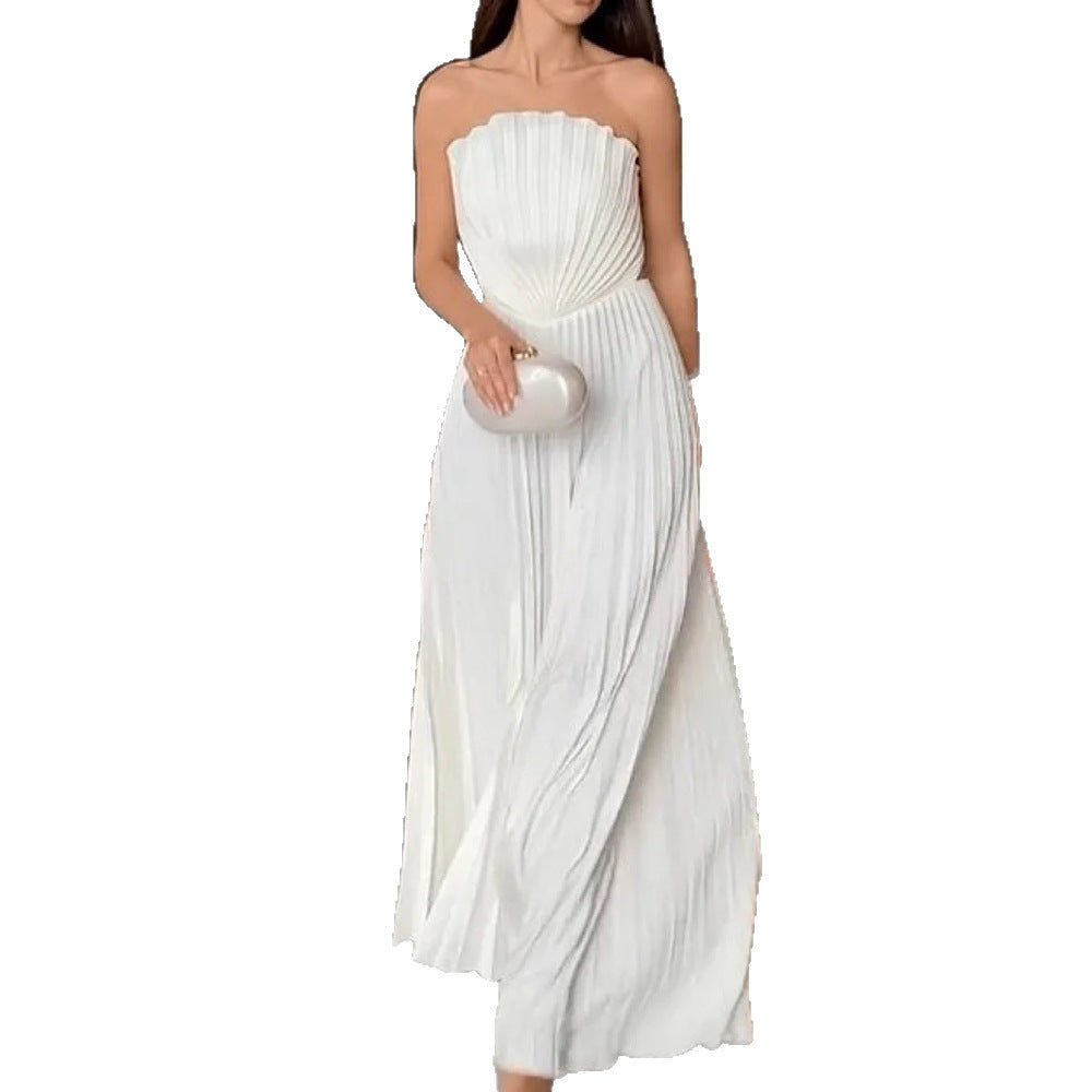 Summer Sexy Elegant Women's Solid Color Folding Swing Party Pleated Temperament Pure Color Jumpsuit