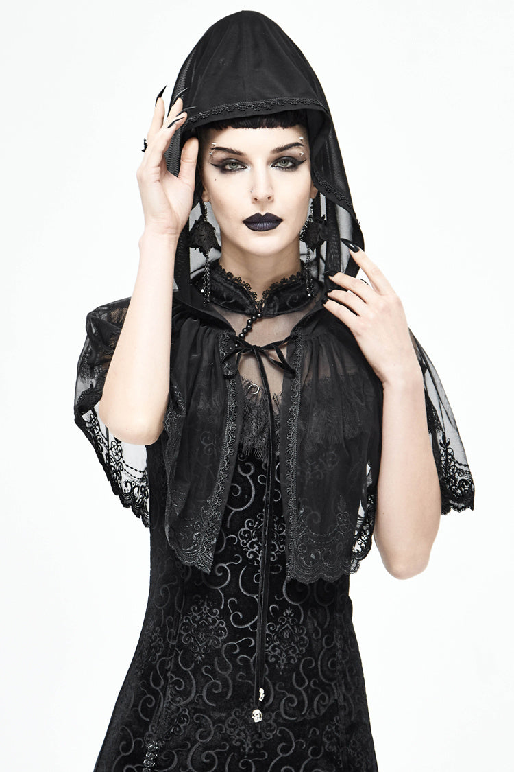 Devil Fashion Women's Wear Dark Lace Mesh Hooded Cloak