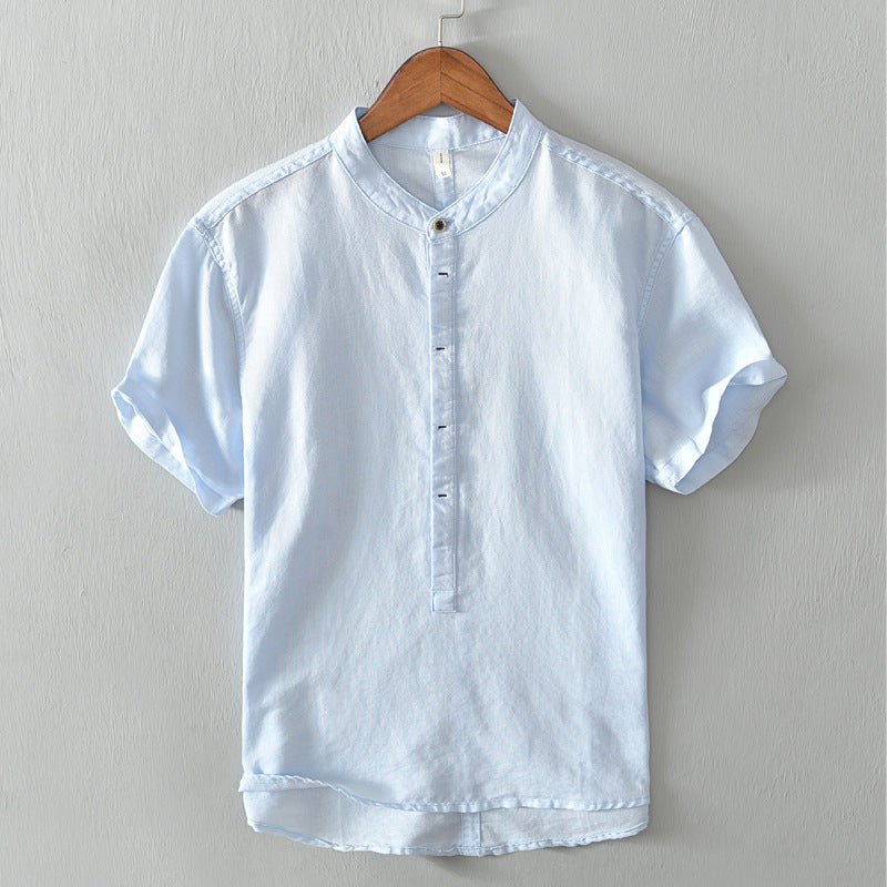 Stand Collar Pullover T-shirt Short Sleeve Men's Casual Cotton Linen Shirt