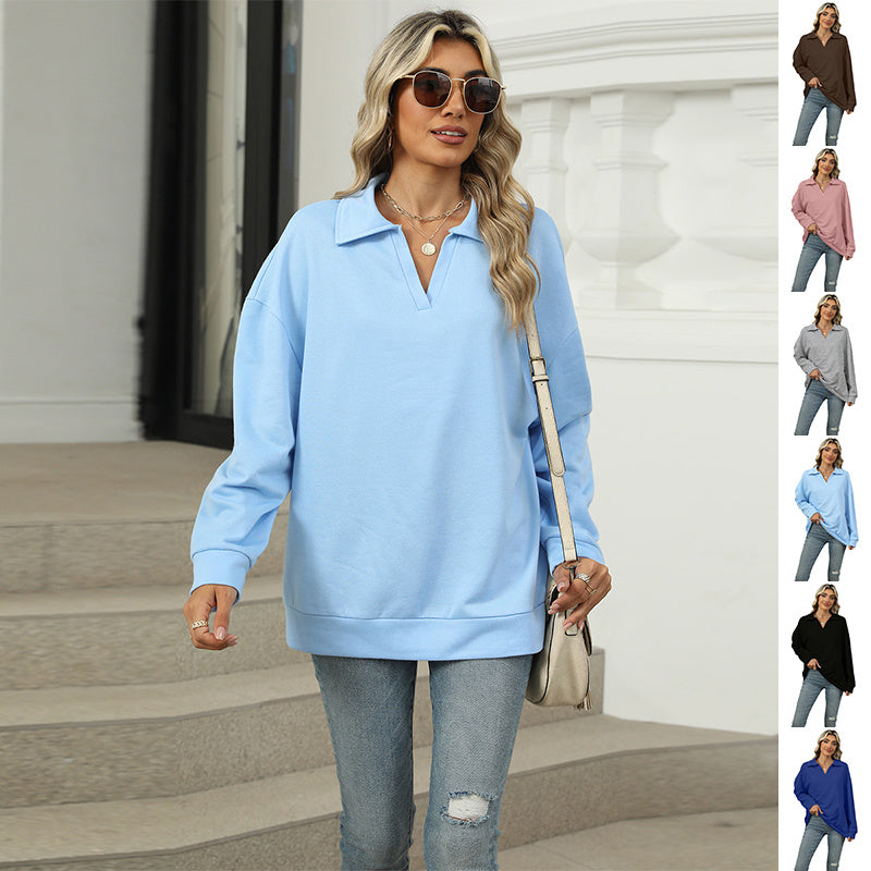 New Lapel V-neck Sweatshirt Fashion Casual Loose Solid Color Long-sleeved Pullover Top For Womens Clothing