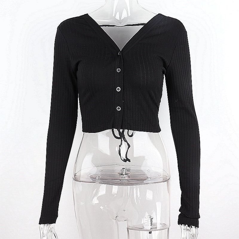 Women's V-Neck Buttoned Back Tie Long Sleeve Top