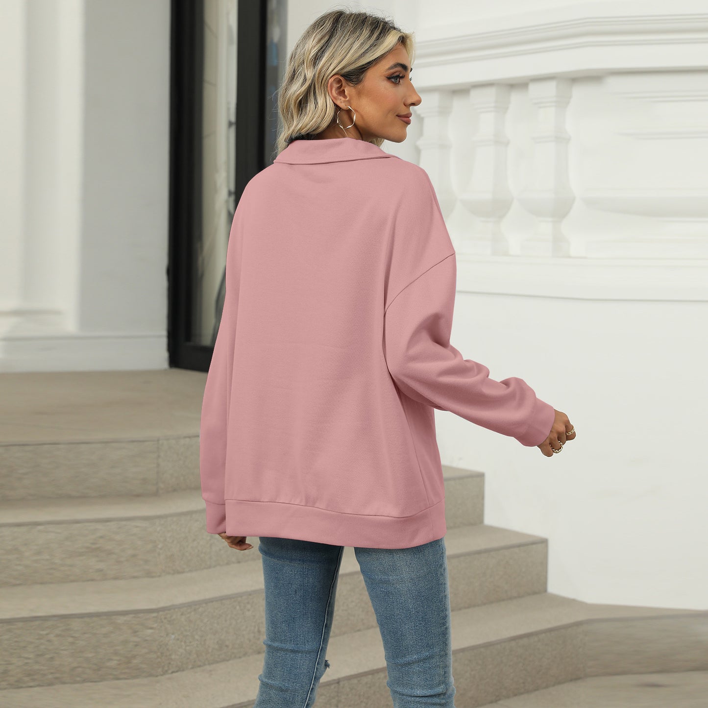 New Lapel V-neck Sweatshirt Fashion Casual Loose Solid Color Long-sleeved Pullover Top For Womens Clothing