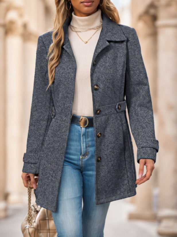 Women's Single-Breasted Solid Color Woolen Coat