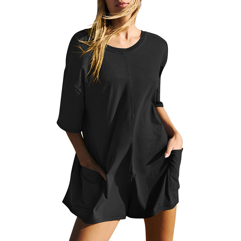 Casual Loose Short-sleeved Jumpsuit With Pockets New Crew Neck Shorts Overall Pants Summer Womens Clothing