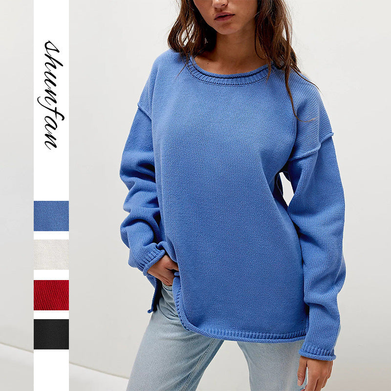 Women's Knitted Solid Color Round Neck Pullover Loose Sweater