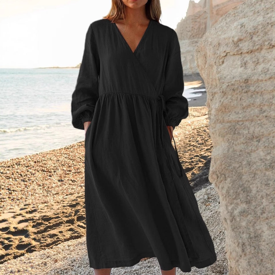 Solid Color Loose Cotton And Linen Dress