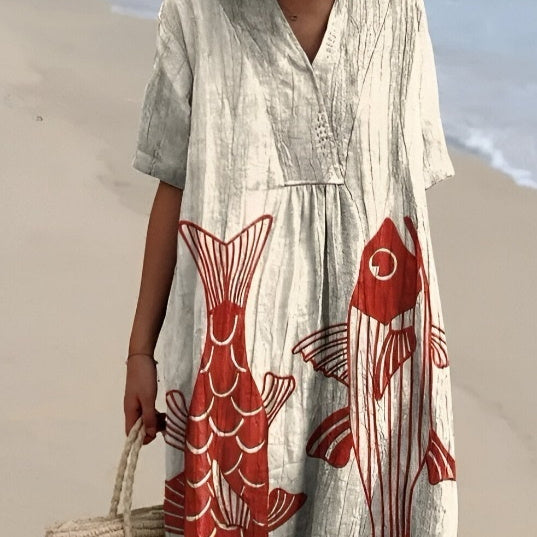 Plus Size Women's Blouse Short Sleeve Dress Creative Fish Pattern Vacation Style Dress Factory