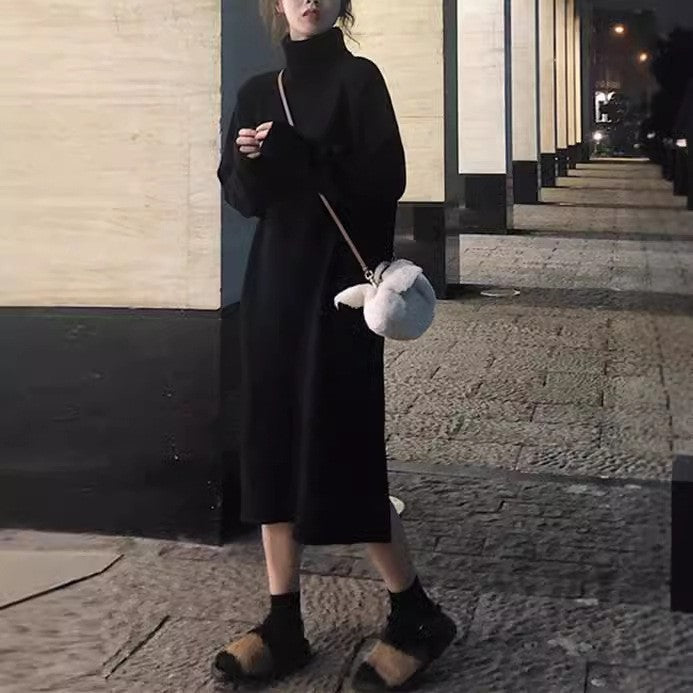 Long Below The Knee Base Ride Turtleneck Knitting Dress Women