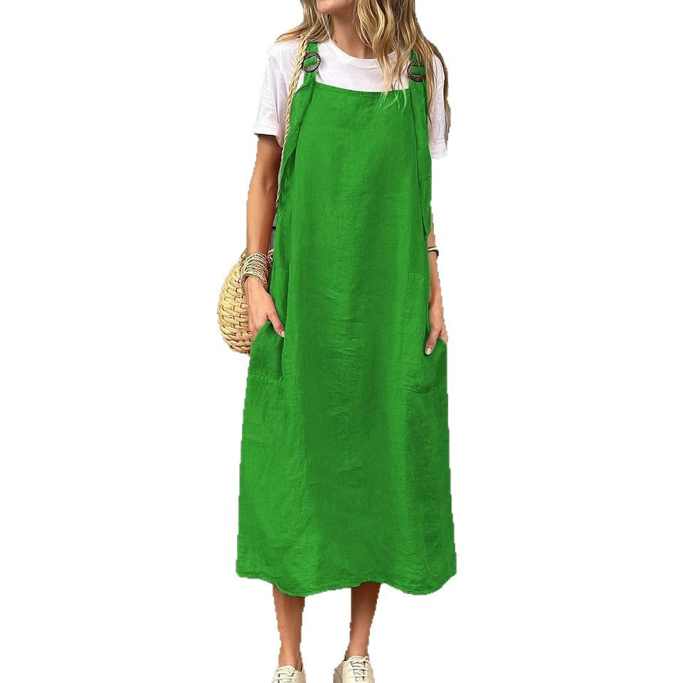 Summer Women's Adjustable Shoulder Strap Casual Cotton And Linen Dress