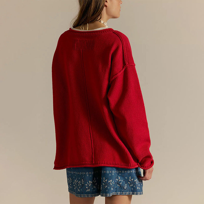 Women's Knitted Solid Color Round Neck Pullover Loose Sweater