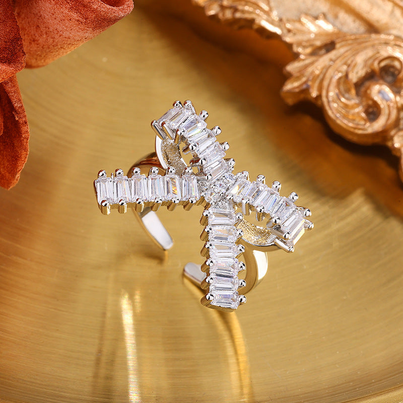 Irregular Opening Bow Shape Luxury Wedding Zircon Ring