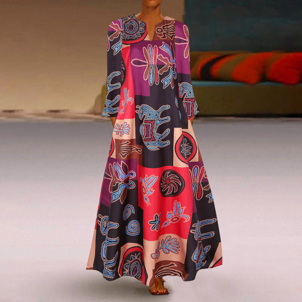 Women's V-neck Long Sleeve Pocket Printed Long Sleeve Dress