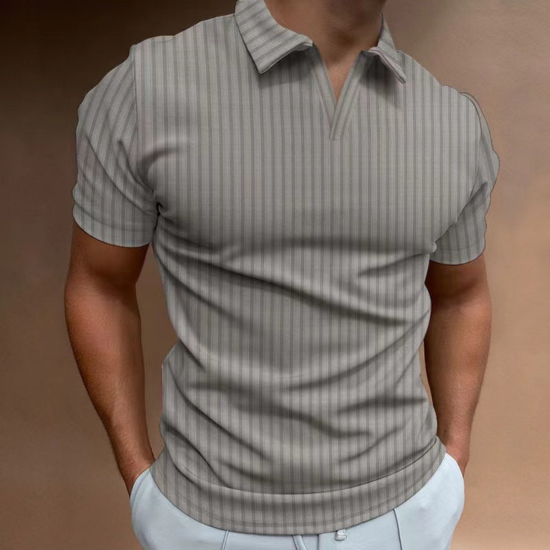 Summer Polo Shirt V-neck Striped High Elastic Short Sleeve Men's T-shirt