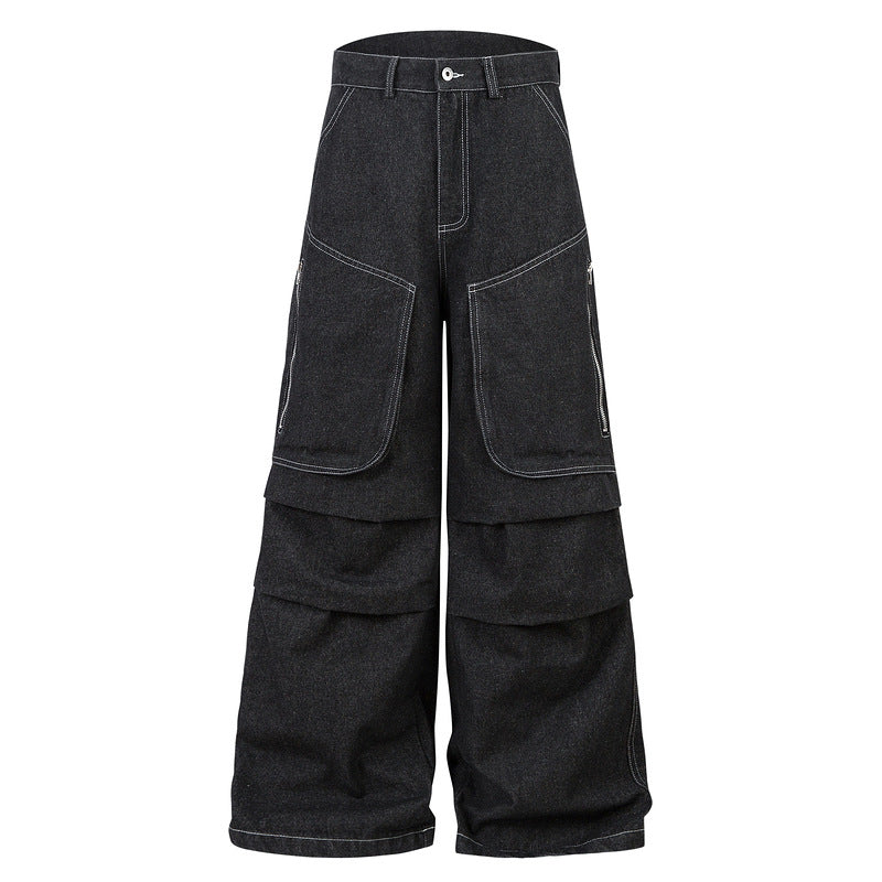 Multi-pocket Pleated Workwear Primary Color Jeans