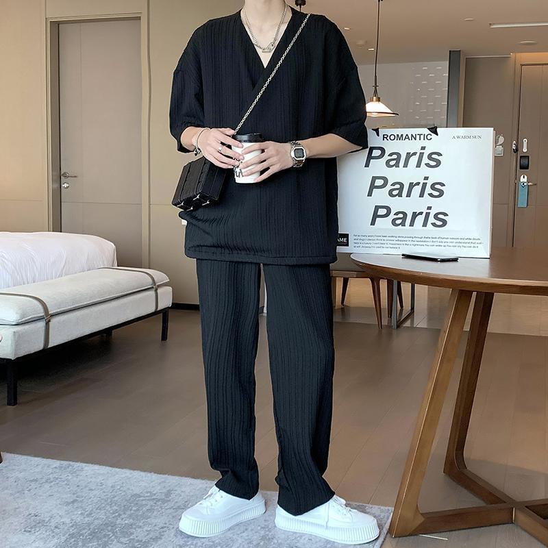 Men's Design Collar Short Sleeve Shirt Trousers Two-piece Suit British Yupi Handsome