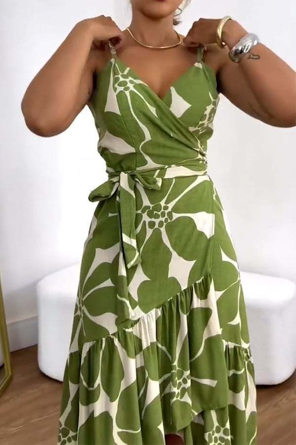 Elegance Women's Cross Collar Belt Floral Print Dress