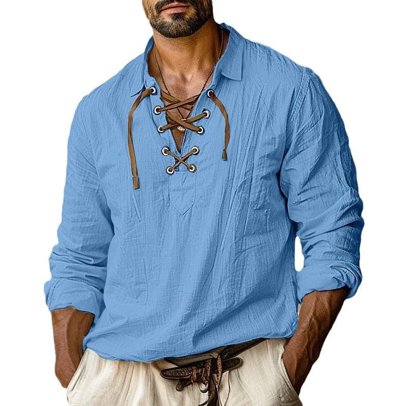 Men's Plus Size Lapels Lace Shirt Solid Color Linen Loose Long Sleeve Shirt