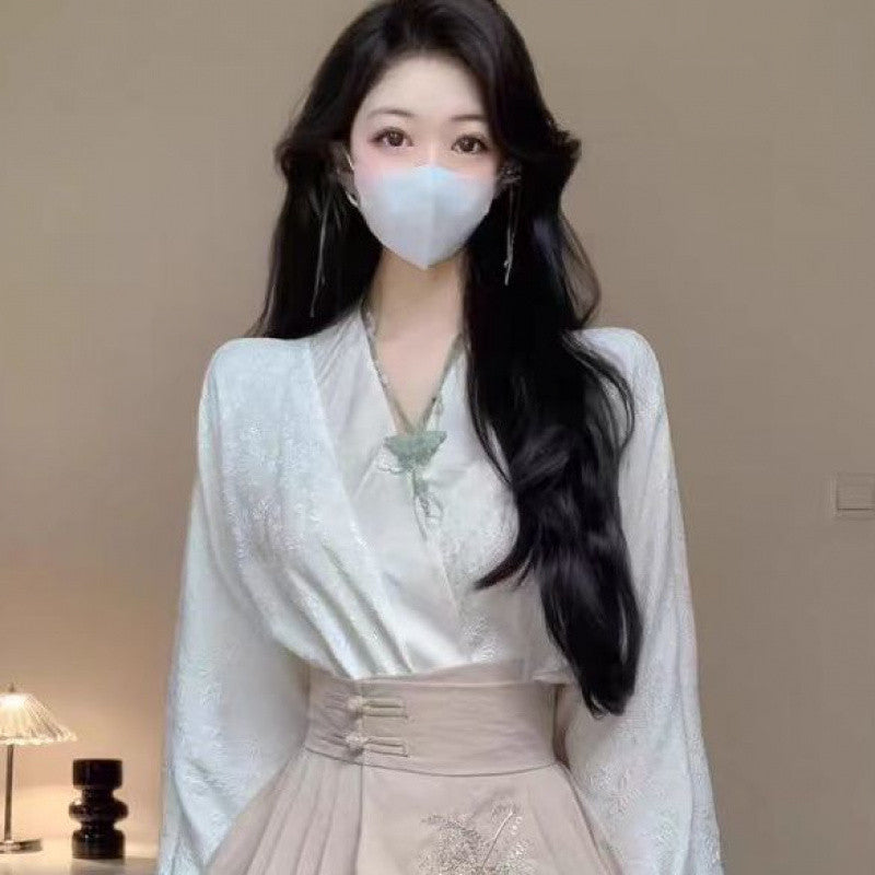 Chinese Style Traditional Chinese Knot Button Top Pleated Horse-face Skirt Two-piece Set