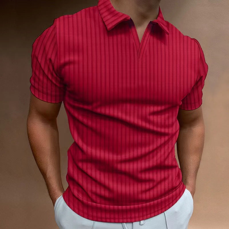 Summer Polo Shirt V-neck Striped High Elastic Short Sleeve Men's T-shirt