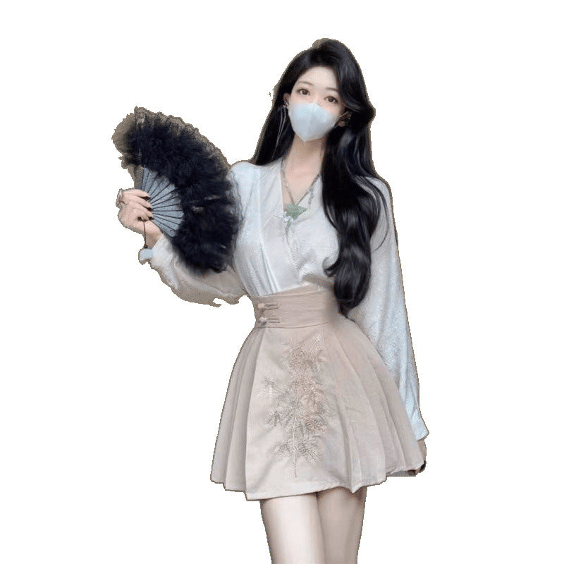Chinese Style Traditional Chinese Knot Button Top Pleated Horse-face Skirt Two-piece Set