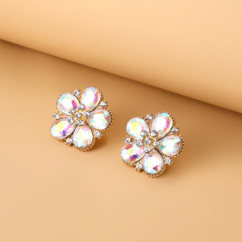 Camellia Crystal Earrings Rainbow Color Rhinestone Studs