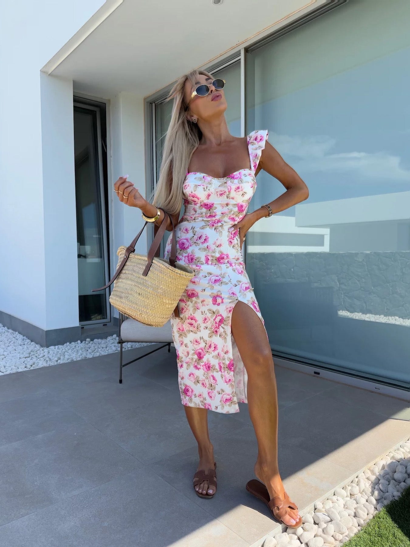 French Flower Sleeveless Split Women's Dress