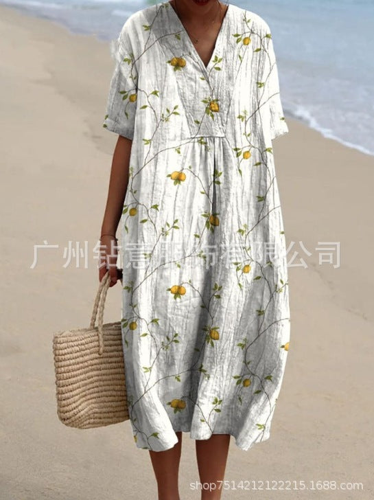 V-neck Digital Printing Pleated Large Version Dress