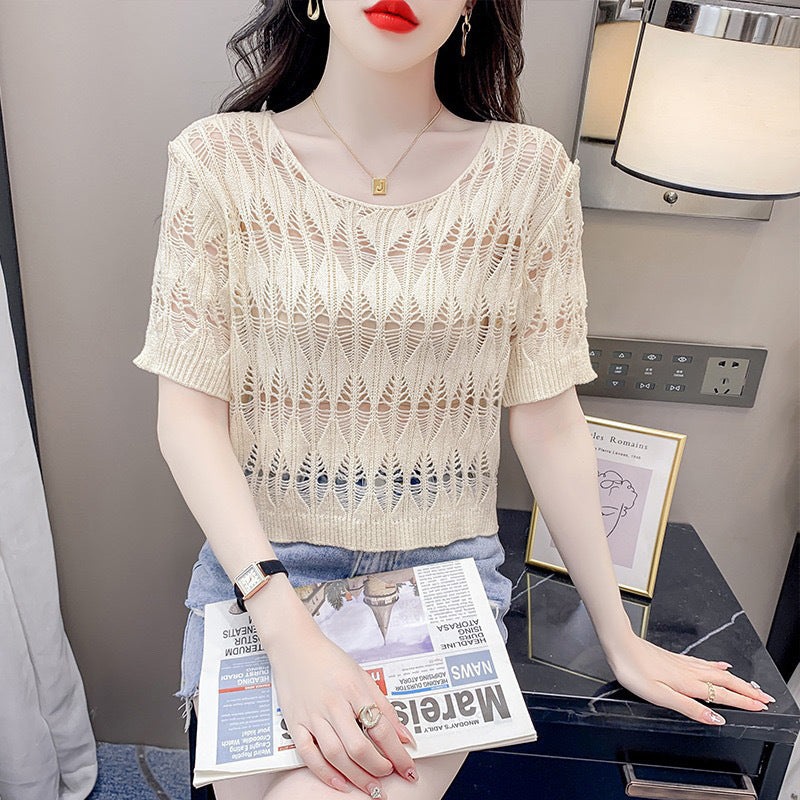 Hollow-out Ice Silk Sweater Short Sun-drying Shirt Top Short Sleeve