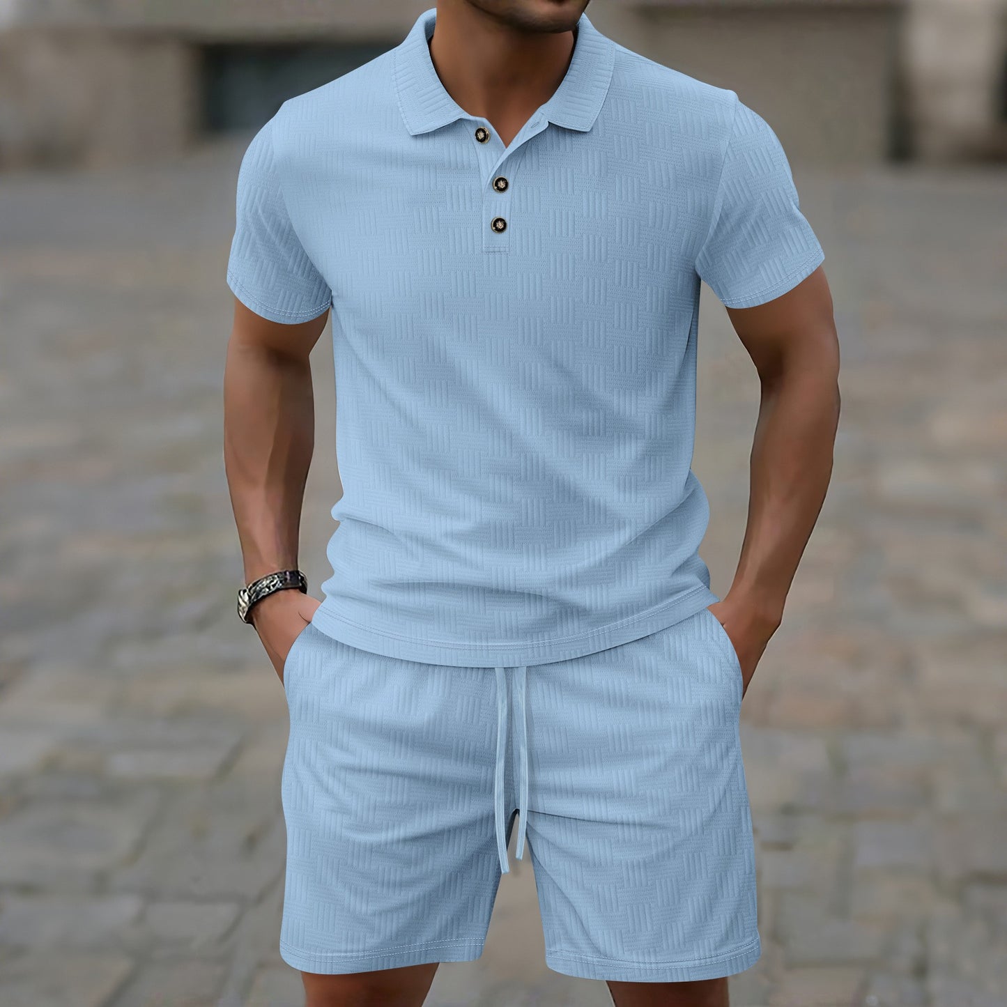 Men's Solid Color Jacquard Casual Short Sleeve Suit