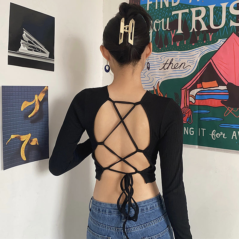 Women's V-Neck Buttoned Back Tie Long Sleeve Top