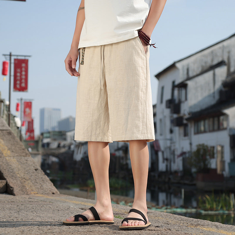 Fashion Solid Color Casual Summer Cotton Linen Straight Men's Shorts