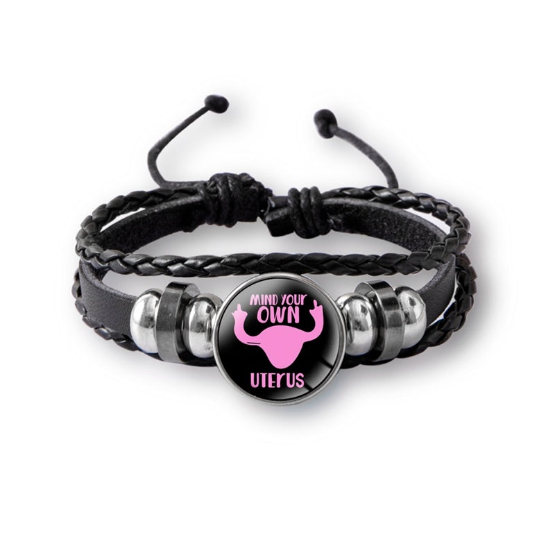 Mind Your Own Uterus Glass Snap Button Charm Bracelet Vintage Multi-layer Leather Bracelets For Women Men